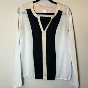 Charming Charlie Medium Blouse Sheer V-Neck Color-Block White Black Tan Office